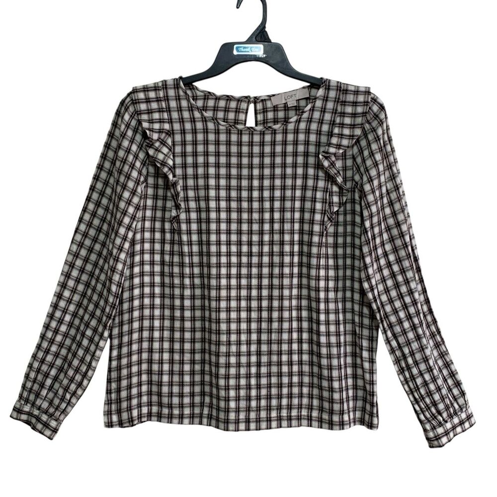 Loft Knit Top Womens Size Med Multicolor Plaid Ruffle Long Sleeve Cotton Career